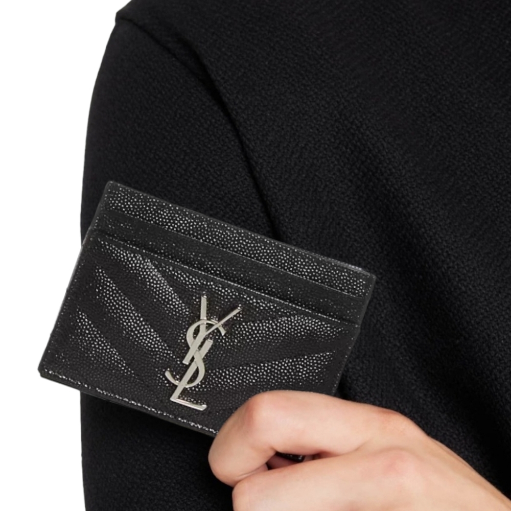 Brand New! YSL SAINT LAURENT Cassandre Credit Card Case Black w/ SILVER Hardware - Picture 2 of 8